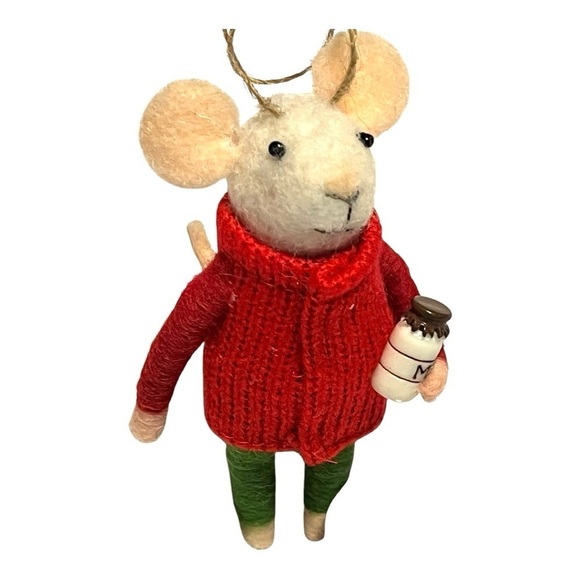 Vintage Other - Vintage felt Christmas white mouse holding milk jar red sweater green legging 5”